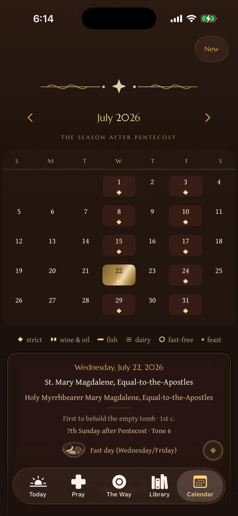 The liturgical calendar: July's month grid with fast days shaded and today gilded, the fasting legend, and the day's saints beneath.