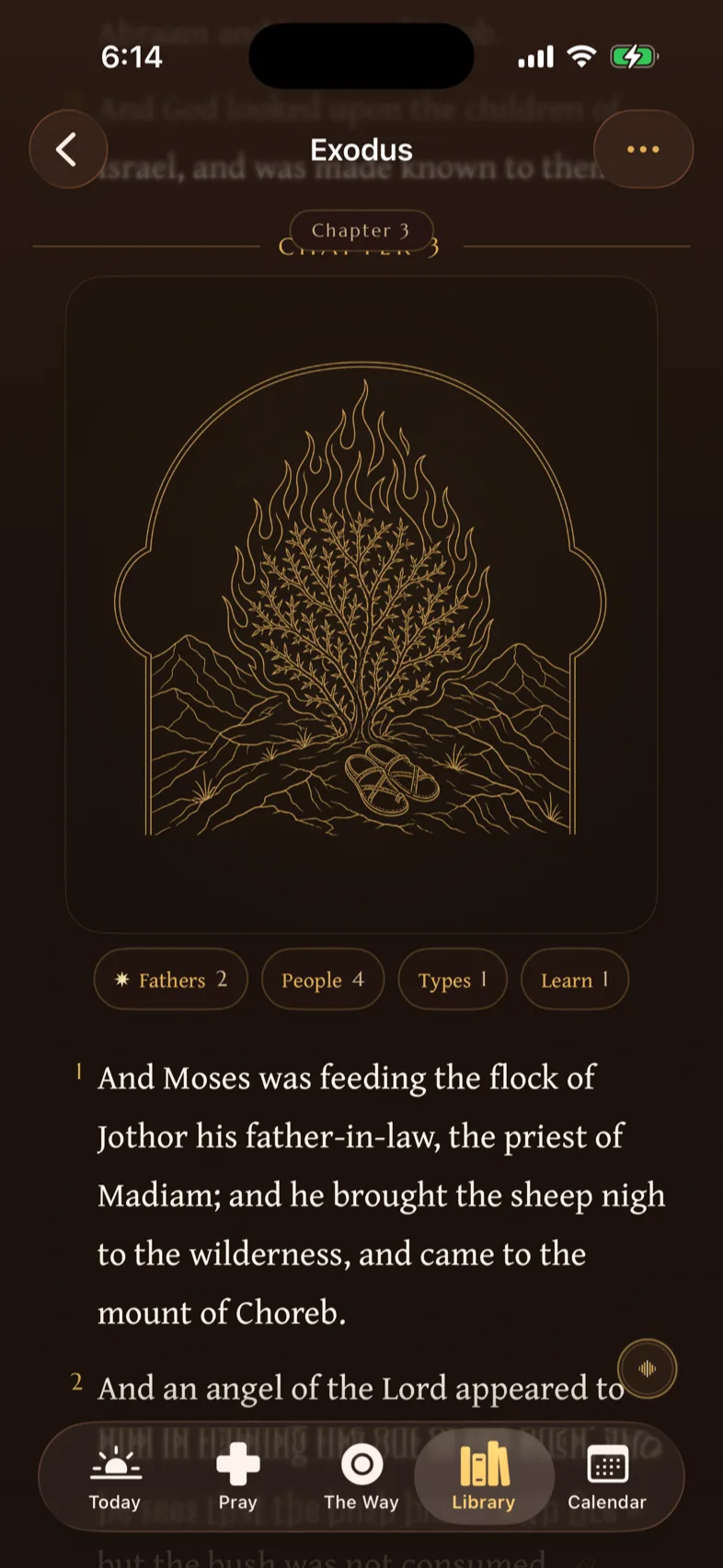 The Bible reader at the burning bush in Exodus 3, verse numbers in gold, a mark where the Fathers comment, and 'a thread runs through this verse' beneath the verses it fulfils.