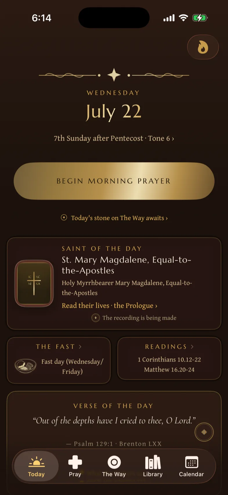 The Today screen in the dark Vigil theme: the date, a gold Begin Morning Prayer button, the saint of the day, the fast, and the appointed readings.
